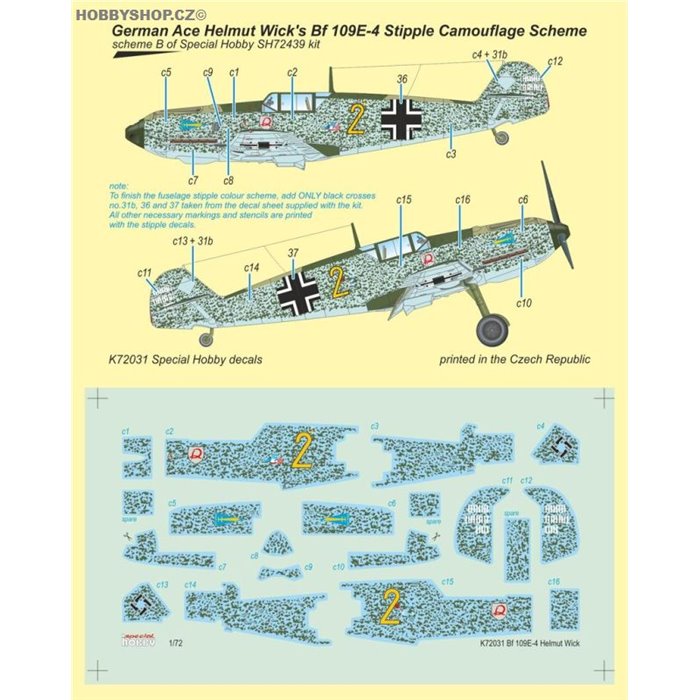 Bf 109E-4 German Ace H. Wick Decal Motley Camo - 1/72 obtisky