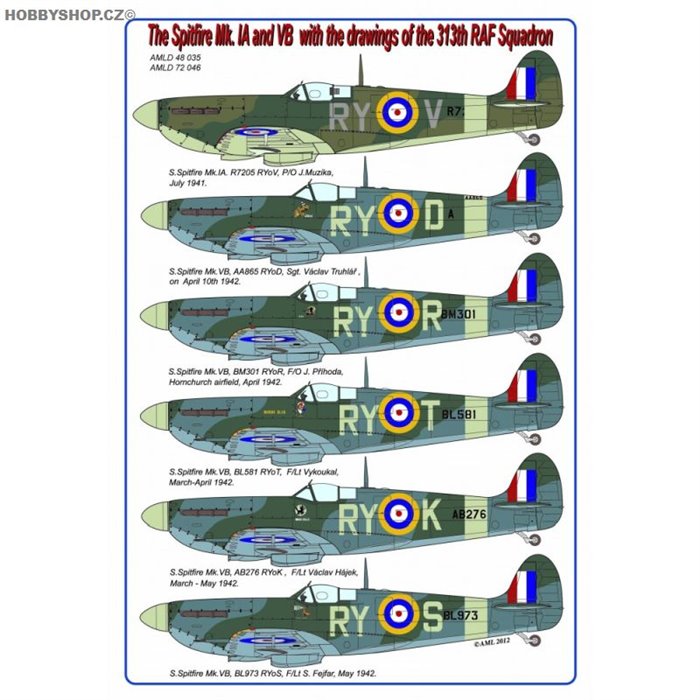 The Spitfire Mk.Ia and Mk.Vb with drawings 313th Sq - 1/72 decals